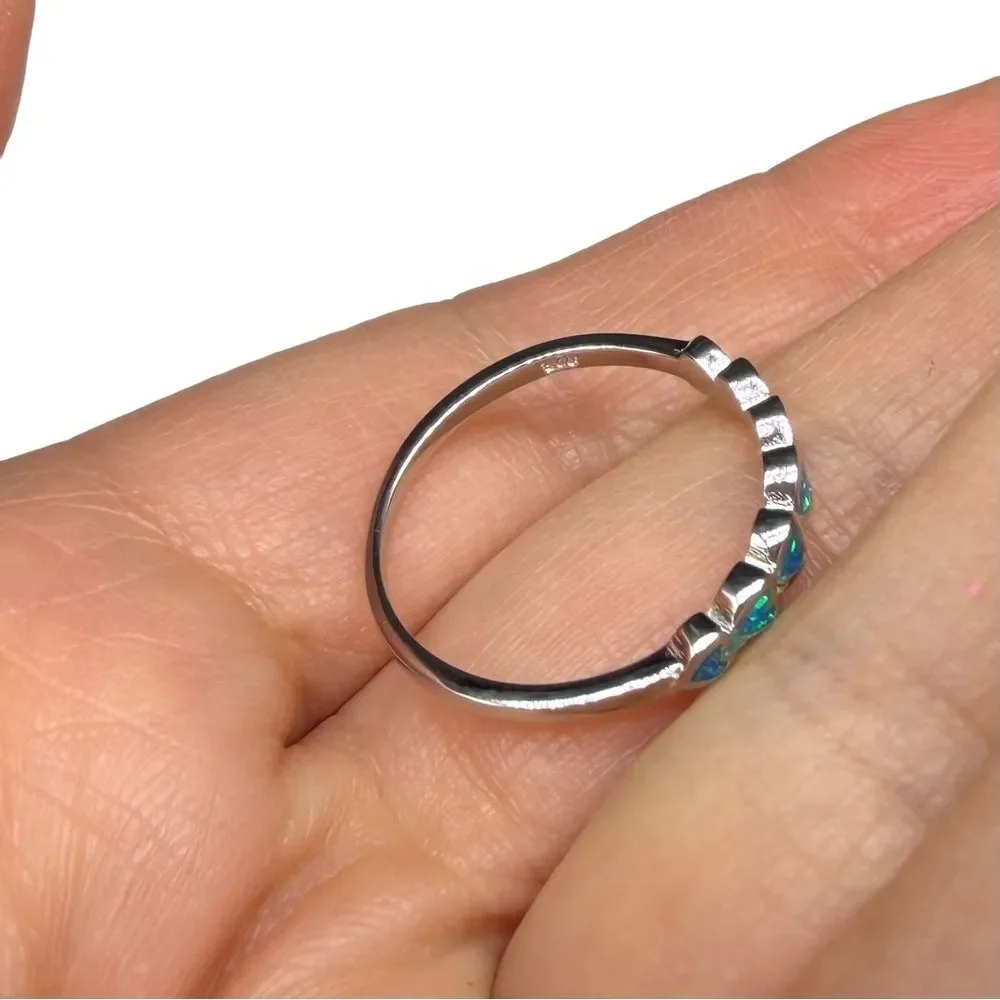 Blue Fire Opal Heart Eternity Band Ring Solid 925 Sterling Silver Size 10
